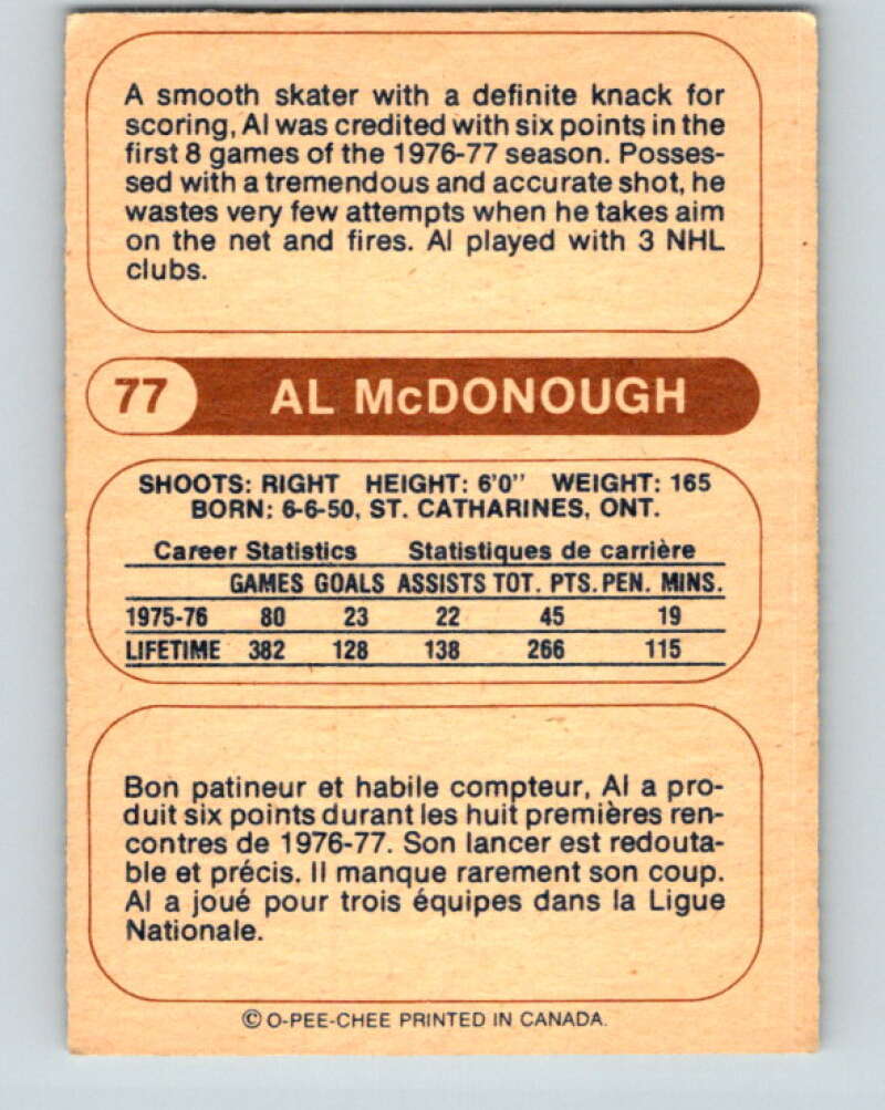 1976-77 WHA O-Pee-Chee #77 Al McDonough  Minnesota Fighting Saints  V7723
