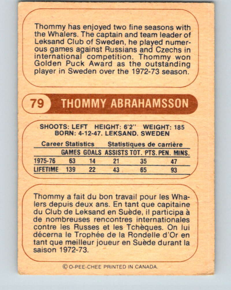 1976-77 WHA O-Pee-Chee #79 Thommy Abrahamsson  New England Whalers  V7725