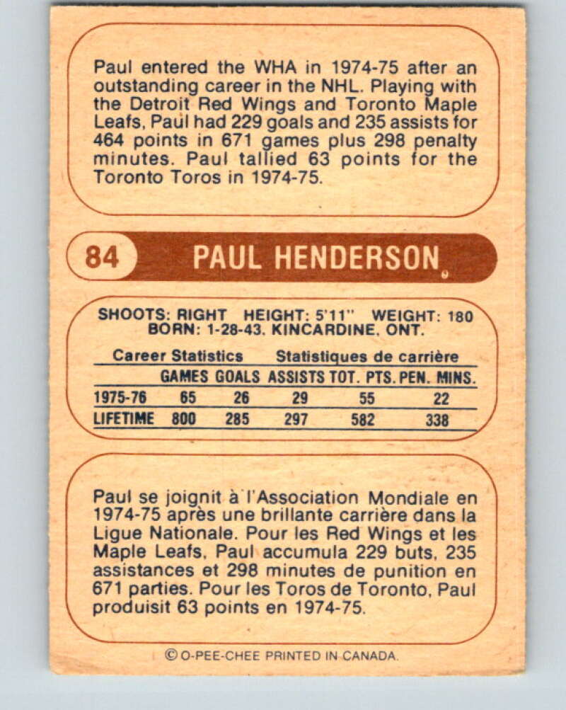 1976-77 WHA O-Pee-Chee #84 Paul Henderson  Birmingham Bulls  V7730