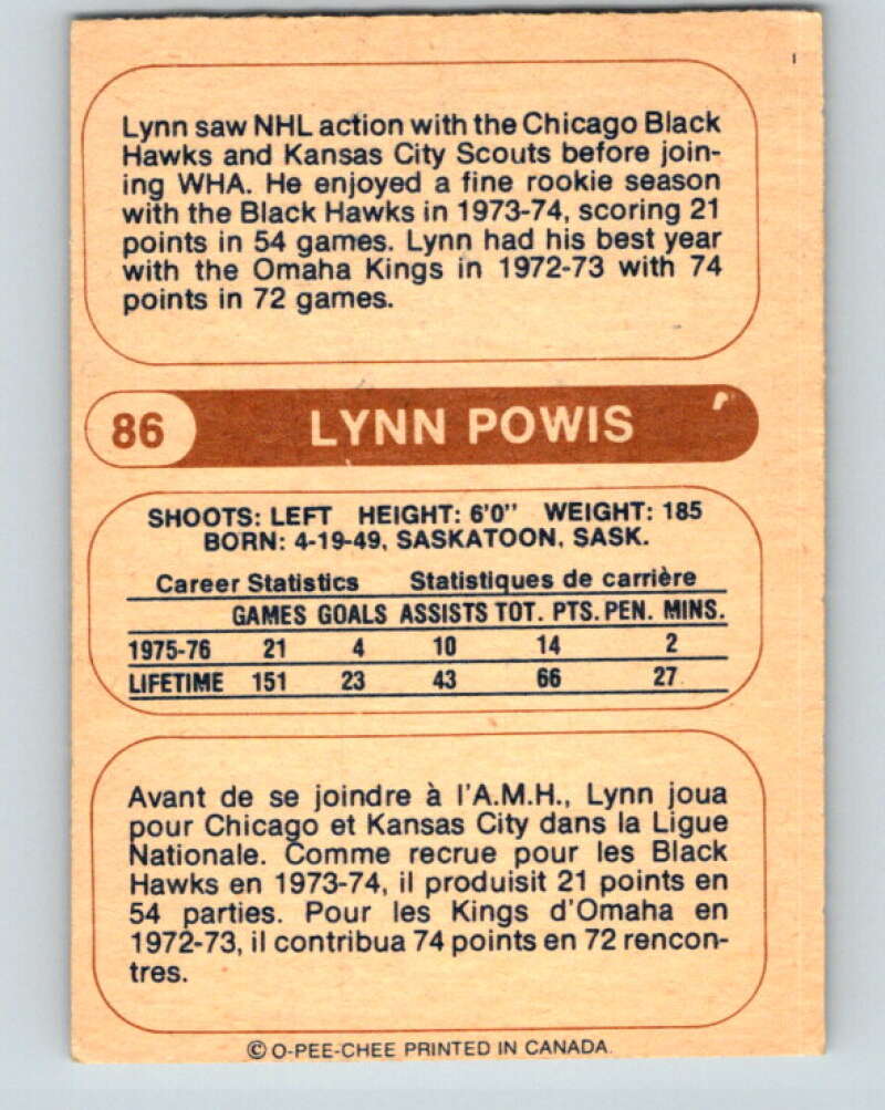 1976-77 WHA O-Pee-Chee #86 Lynn Powis  Calgary Cowboys  V7734