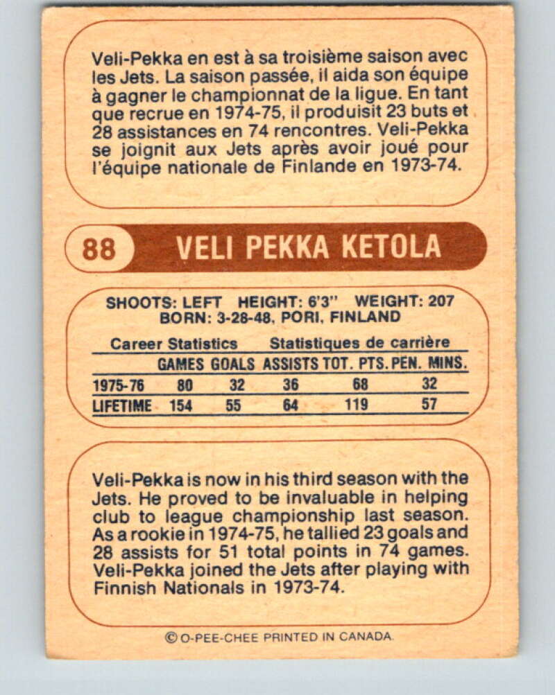 1976-77 WHA O-Pee-Chee #88 Veli-Pekka Ketola  Winnipeg Jets  V7737