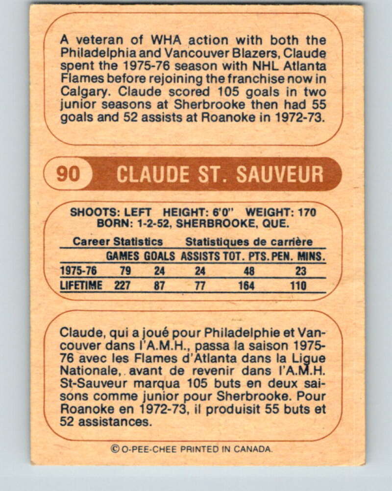 1976-77 WHA O-Pee-Chee #90 Claude St. Sauveur  Calgary Cowboys  V7739