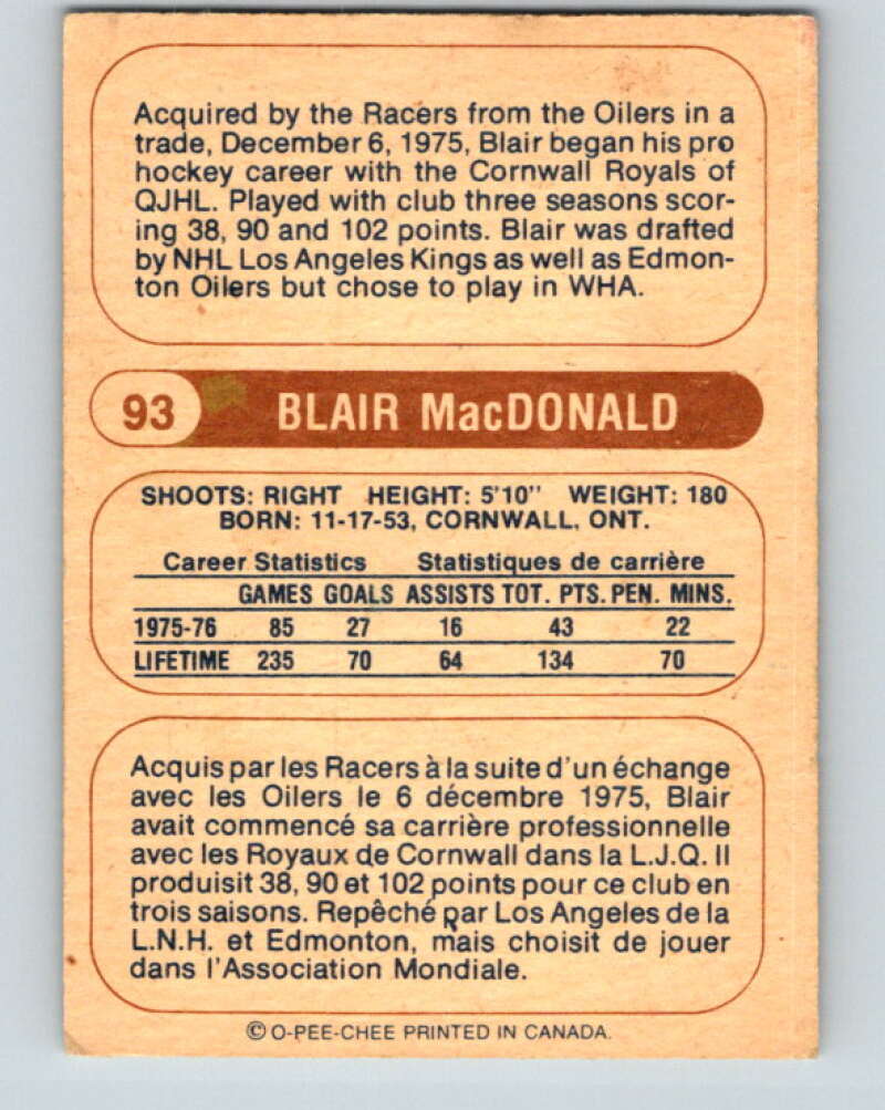 1976-77 WHA O-Pee-Chee #93 Blair MacDonald  RC Rookie Indianapolis Racers  V7742