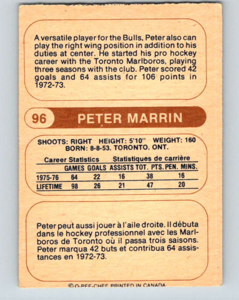 1976-77 WHA O-Pee-Chee #96 Peter Marrin  RC Rookie Birmingham Bulls  V7745
