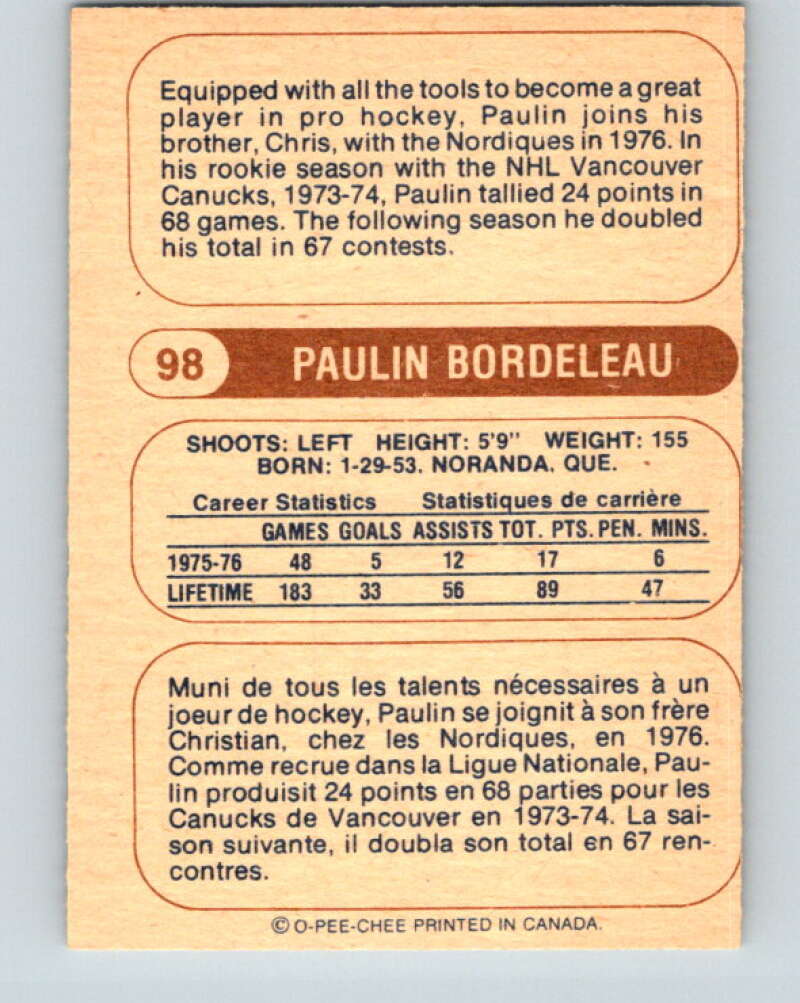 1976-77 WHA O-Pee-Chee #98 Paulin Bordeleau  Quebec Nordiques  V7748