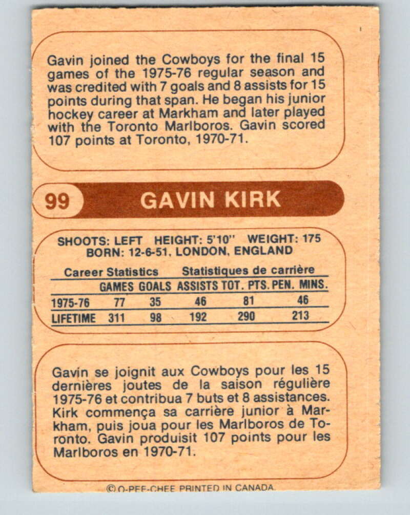 1976-77 WHA O-Pee-Chee #99 Gavin Kirk  Birmingham Bulls  V7749