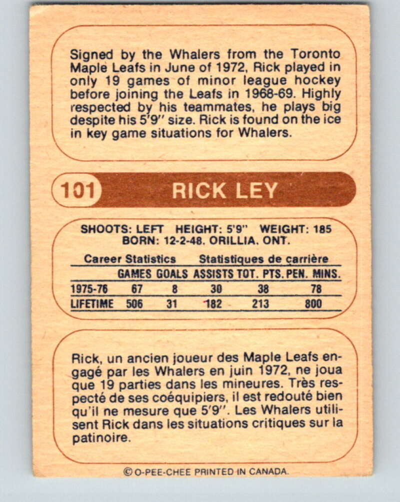 1976-77 WHA O-Pee-Chee #101 Rick Ley  New England Whalers  V7753