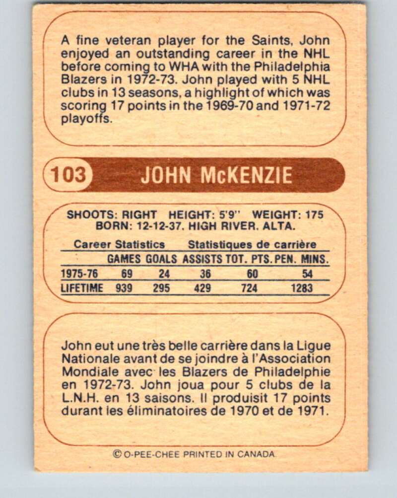 1976-77 WHA O-Pee-Chee #103 John McKenzie  Minnesota Fighting Saints  V7757