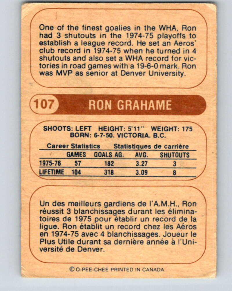 1976-77 WHA O-Pee-Chee #107 Ron Grahame  Houston Aeros  V7761