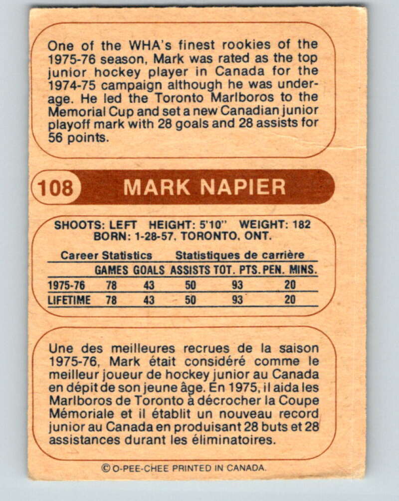 1976-77 WHA O-Pee-Chee #108 Mark Napier  Birmingham Bulls  V7762