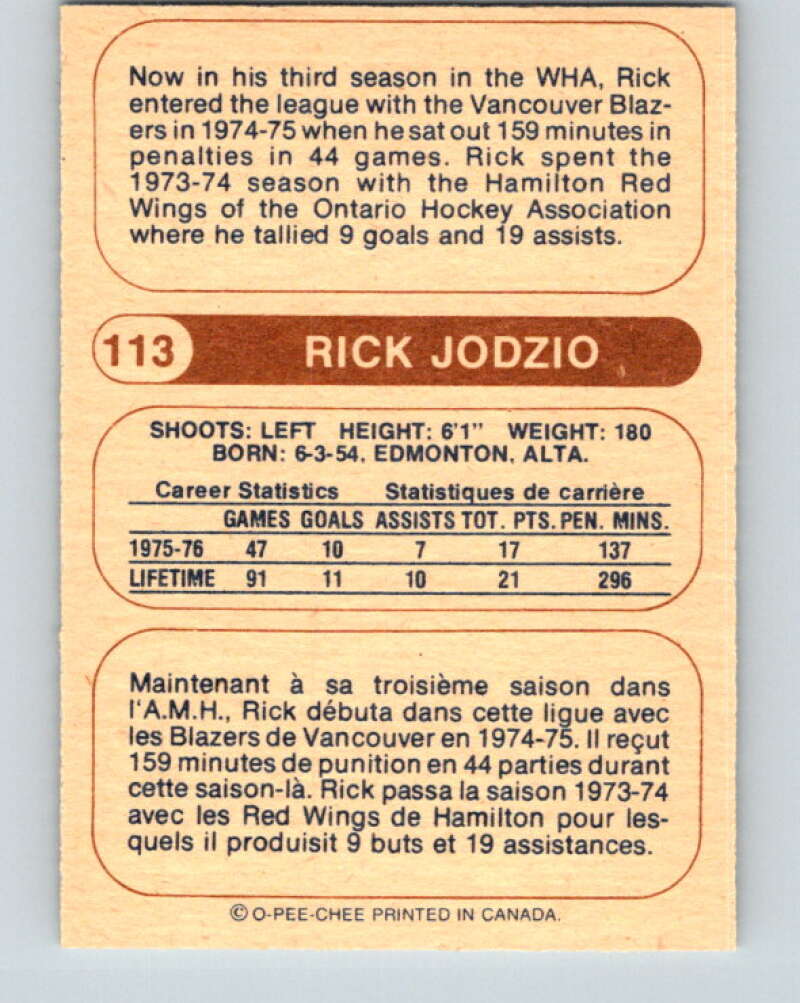 1976-77 WHA O-Pee-Chee #113 Rick Jodzio  Calgary Cowboys  V7769