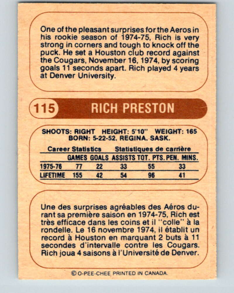1976-77 WHA O-Pee-Chee #115 Rich Preston  RC Rookie Houston Aeros  V7771