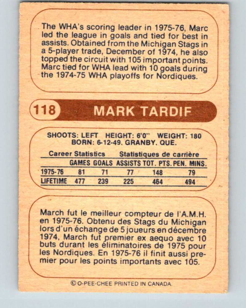 1976-77 WHA O-Pee-Chee #118 Marc Tardif  Quebec Nordiques  V7775