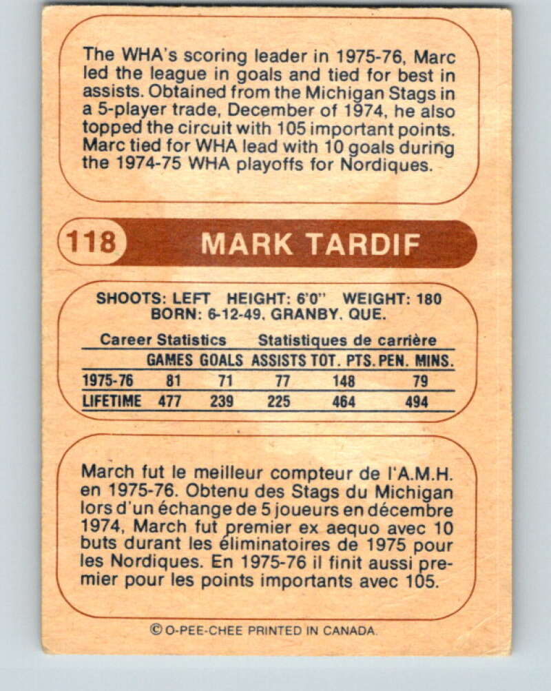 1976-77 WHA O-Pee-Chee #118 Marc Tardif  Quebec Nordiques  V7776