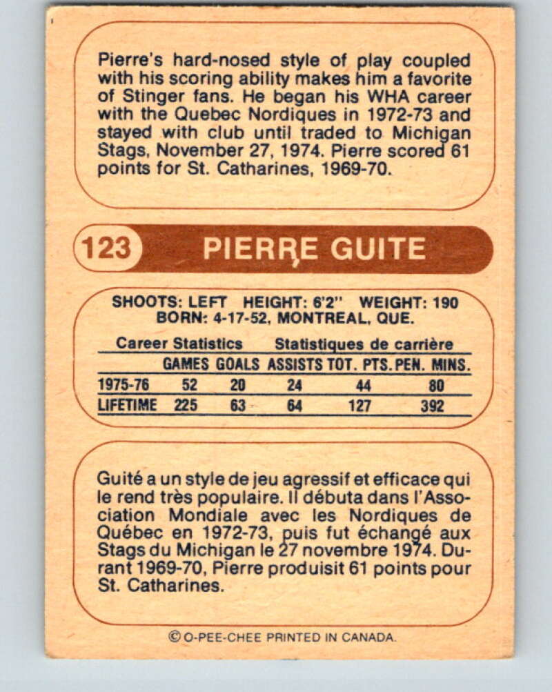 1976-77 WHA O-Pee-Chee #123 Pierre Guite  Cincinnati Stingers  V7784