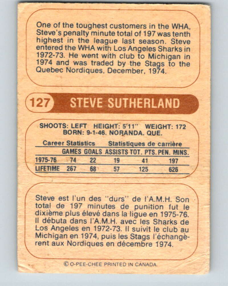 1976-77 WHA O-Pee-Chee #127 Steve Sutherland  RC Rookie Quebec Nordiques  V7790