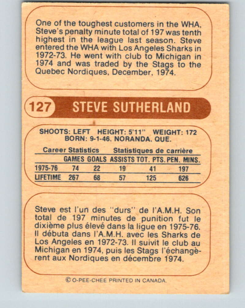 1976-77 WHA O-Pee-Chee #127 Steve Sutherland  RC Rookie Quebec Nordiques  V7791