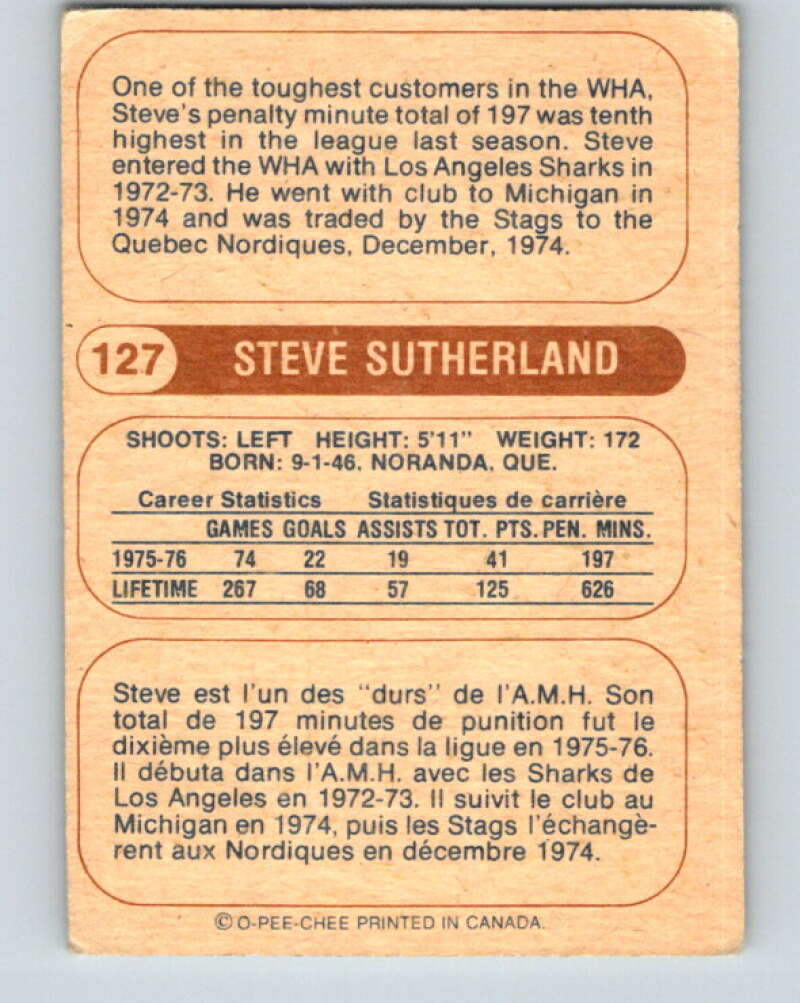 1976-77 WHA O-Pee-Chee #127 Steve Sutherland  RC Rookie Quebec Nordiques  V7792
