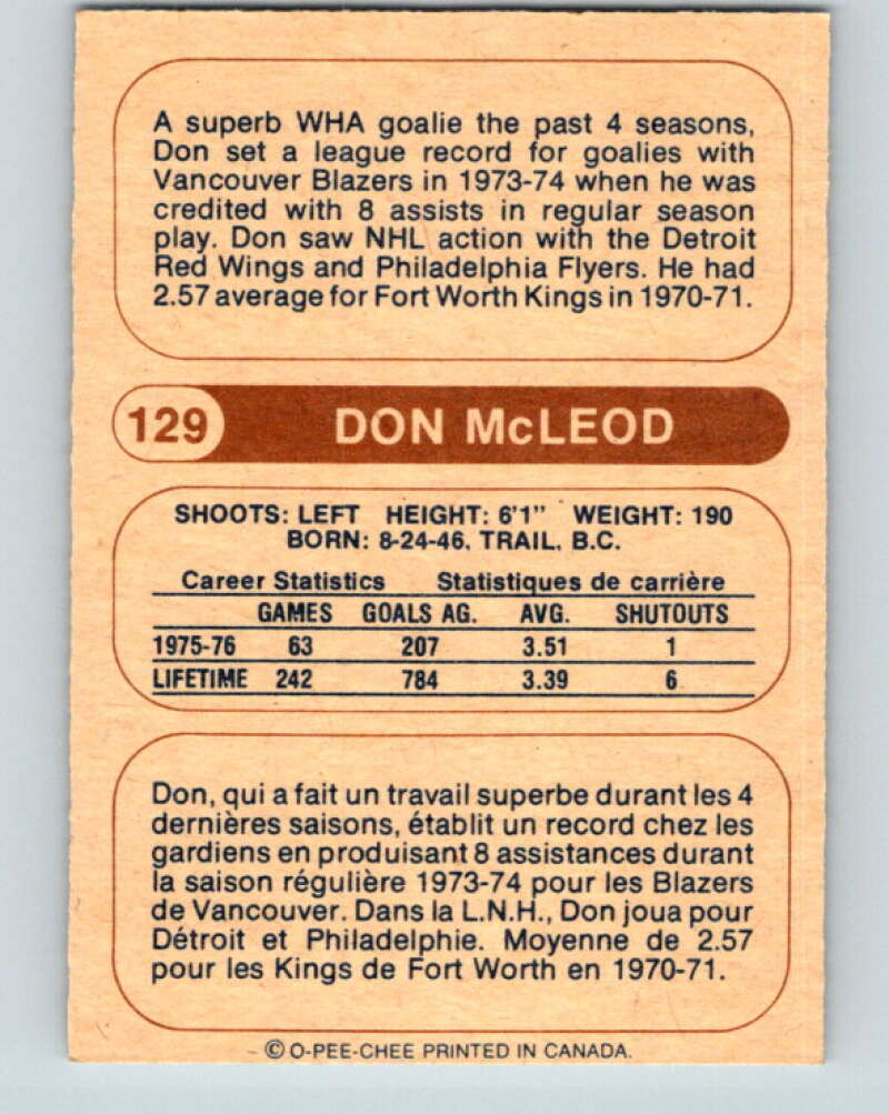 1976-77 WHA O-Pee-Chee #129 Don McLeod  Calgary Cowboys  V7794
