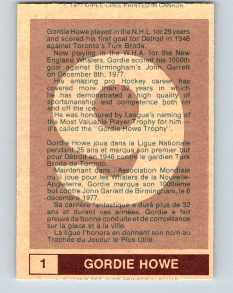 1977-78 WHA O-Pee-Chee #1 Gordie Howe  New England Whalers  V7803