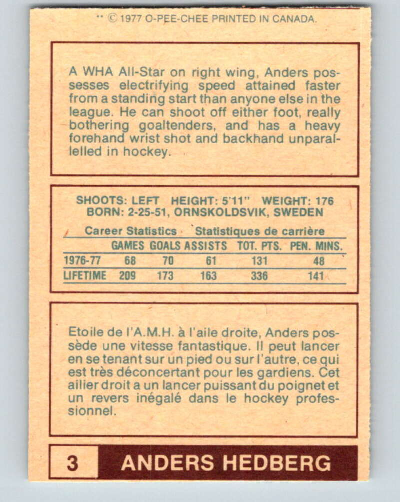 1977-78 WHA O-Pee-Chee #3 Anders Hedberg  Winnipeg Jets  V7805