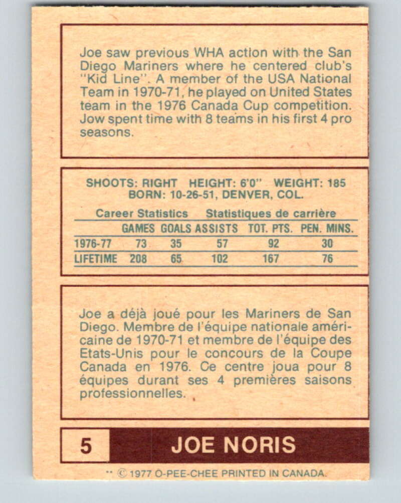 1977-78 WHA O-Pee-Chee #5 Joe Noris  Birmingham Bulls  V7808