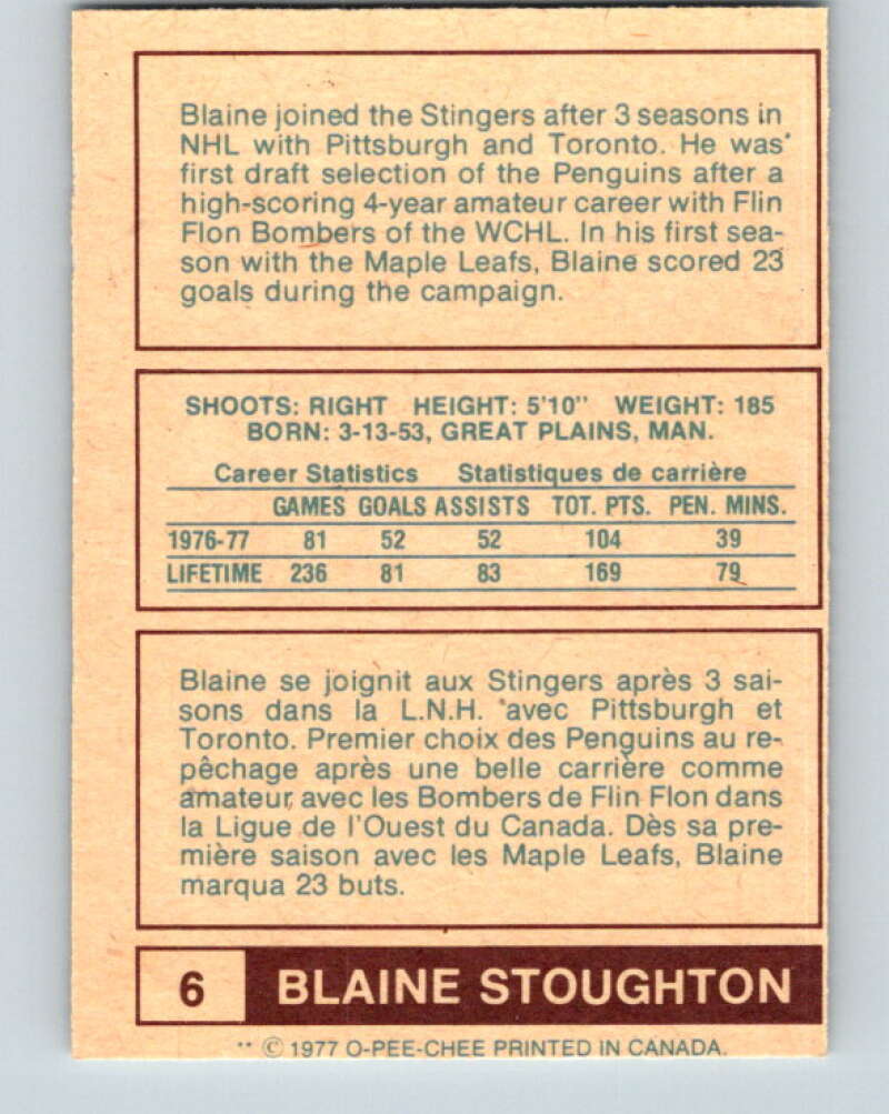 1977-78 WHA O-Pee-Chee #6 Blaine Stoughton  Cincinnati Stingers  V7809