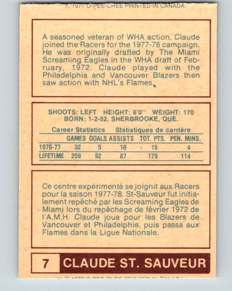 1977-78 WHA O-Pee-Chee #7 Claude St. Sauveur  Indianapolis Racers  V7811