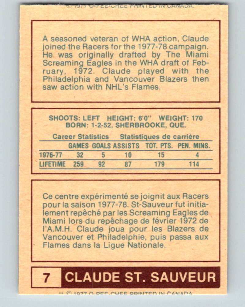 1977-78 WHA O-Pee-Chee #7 Claude St. Sauveur  Indianapolis Racers  V7813
