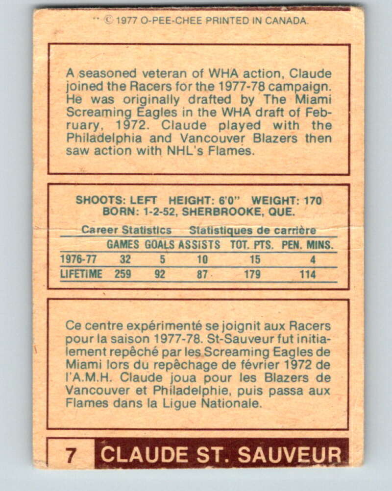 1977-78 WHA O-Pee-Chee #7 Claude St. Sauveur  Indianapolis Racers  V7814