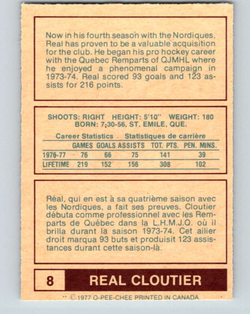 1977-78 WHA O-Pee-Chee #8 Real Cloutier  Quebec Nordiques  V7817