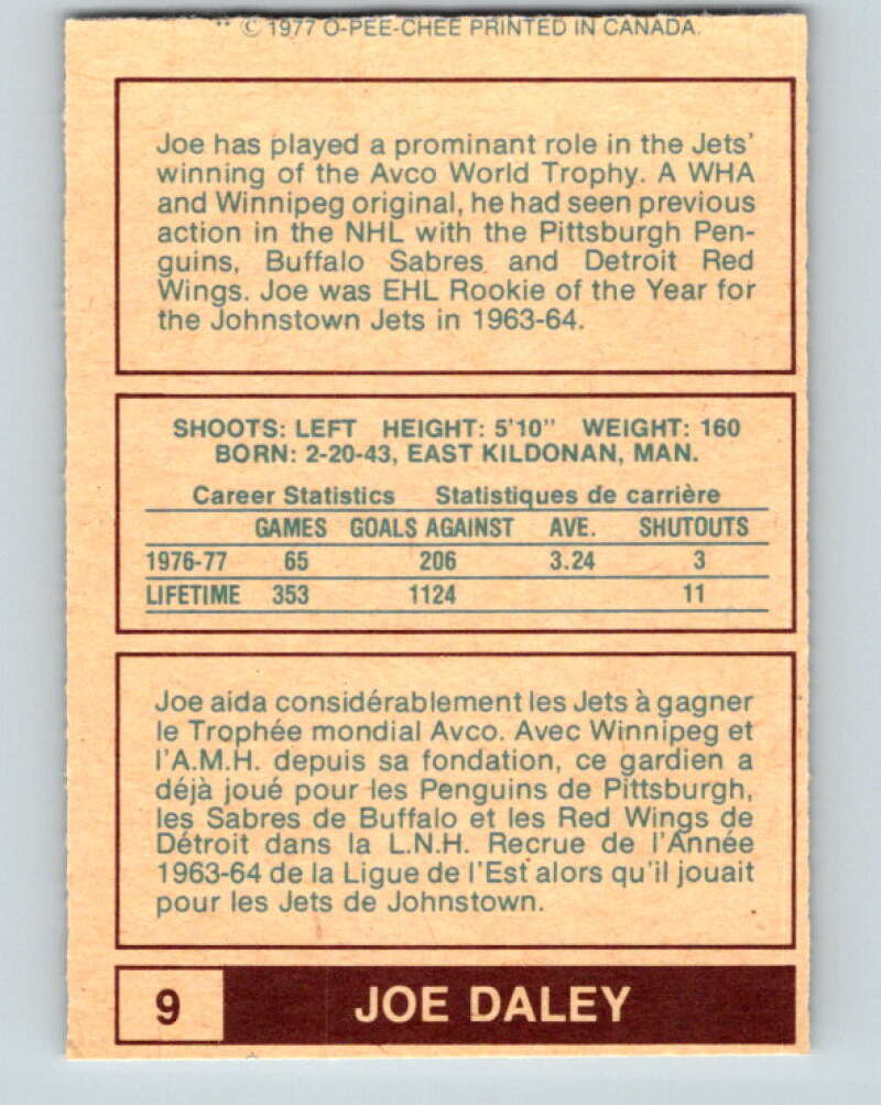 1977-78 WHA O-Pee-Chee #9 Joe Daley  Winnipeg Jets  V7819