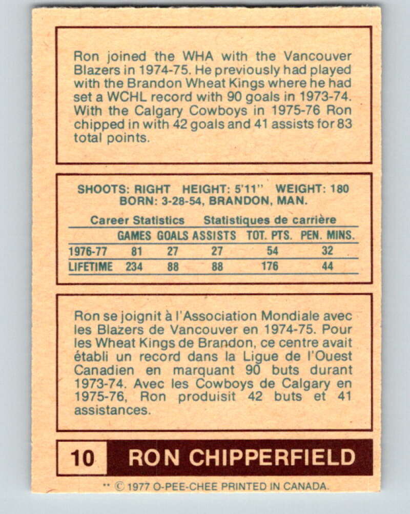 1977-78 WHA O-Pee-Chee #10 Ron Chipperfield  Edmonton Oilers  V7821