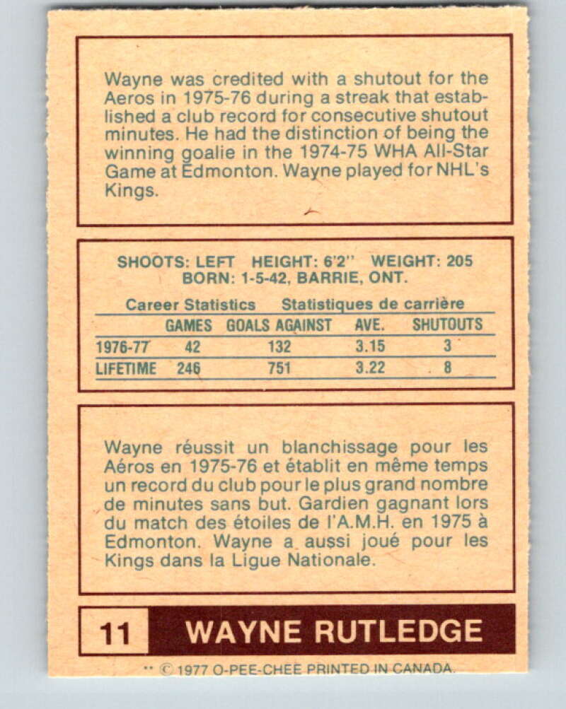1977-78 WHA O-Pee-Chee #11 Wayne Rutledge  Houston Aeros  V7823