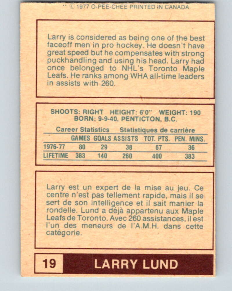1977-78 WHA O-Pee-Chee #19 Larry Lund  Houston Aeros  V7835