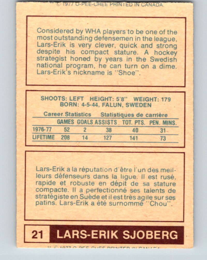 1977-78 WHA O-Pee-Chee #21 Lars-Erik Sjoberg  Winnipeg Jets  V7837
