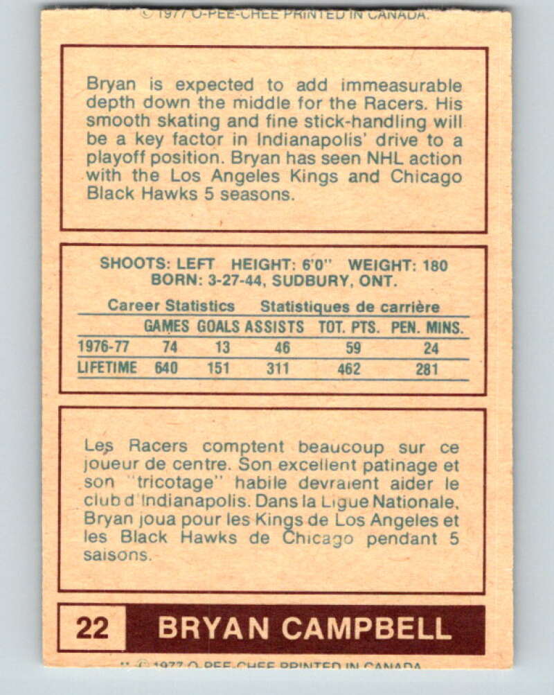 1977-78 WHA O-Pee-Chee #22 Bryan Campbell  Edmonton Oilers  V7840