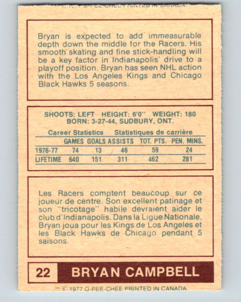 1977-78 WHA O-Pee-Chee #22 Bryan Campbell  Edmonton Oilers  V7842