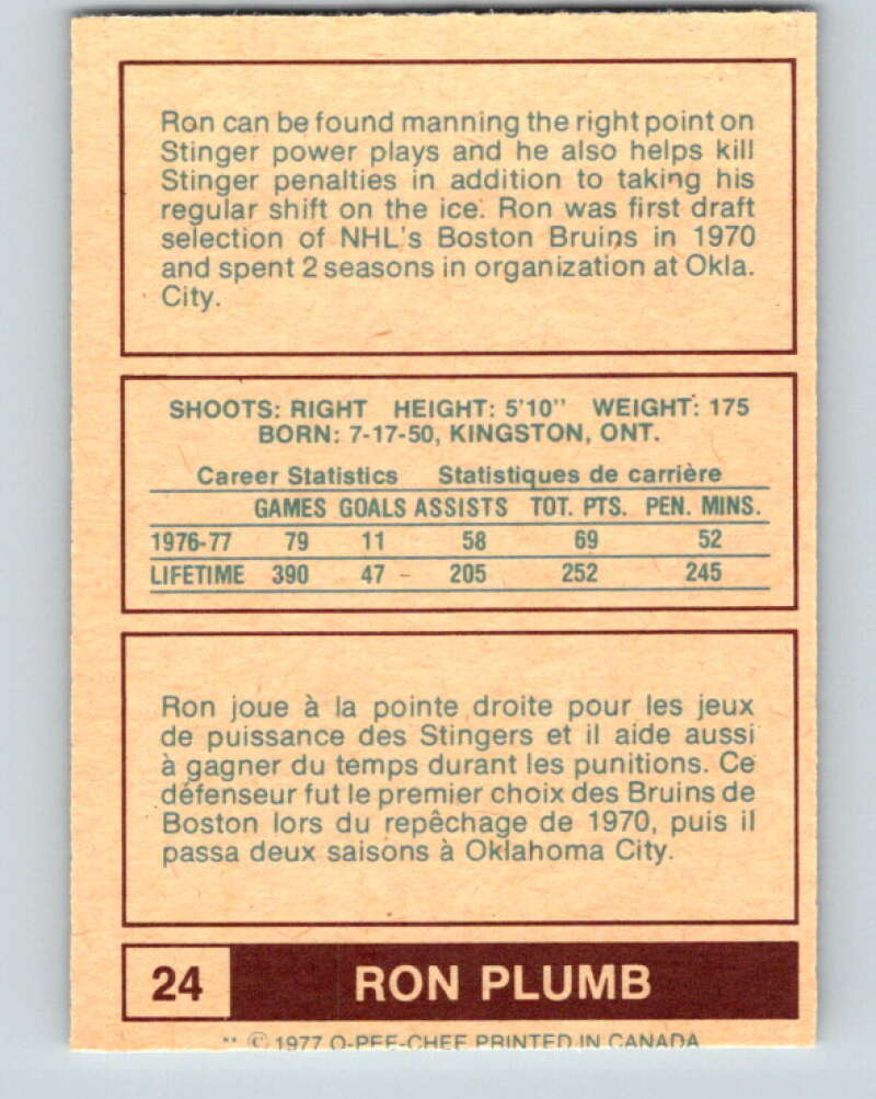 1977-78 WHA O-Pee-Chee #24 Ron Plumb  Cincinnati Stingers  V7843