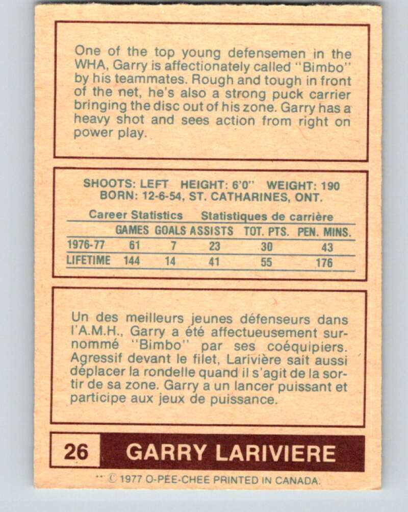 1977-78 WHA O-Pee-Chee #26 Garry Lariviere  RC Rookie Quebec Nordiques  V7846