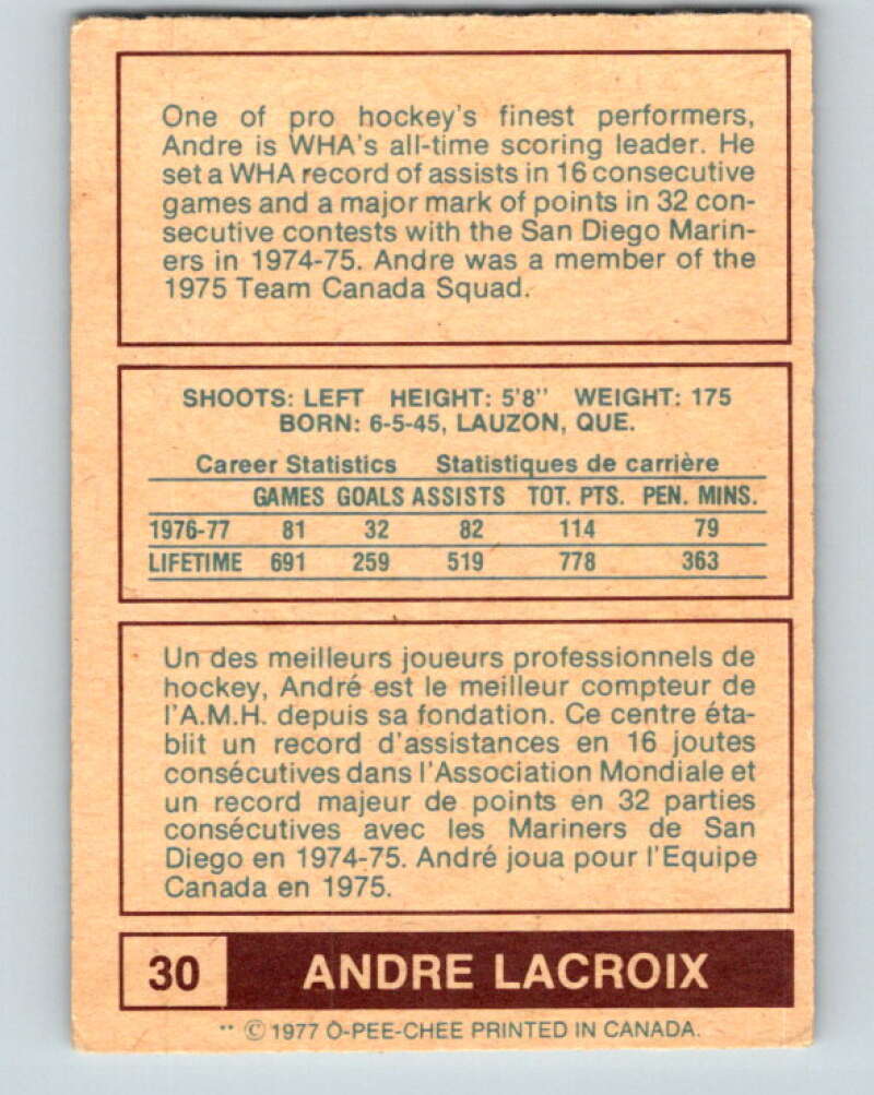 1977-78 WHA O-Pee-Chee #30 Andre Lacroix  Houston Aeros  V7856