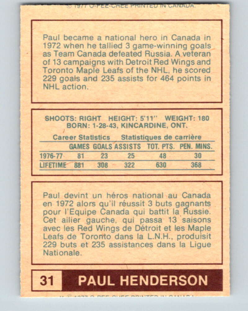 1977-78 WHA O-Pee-Chee #31 Paul Henderson  Birmingham Bulls  V7859