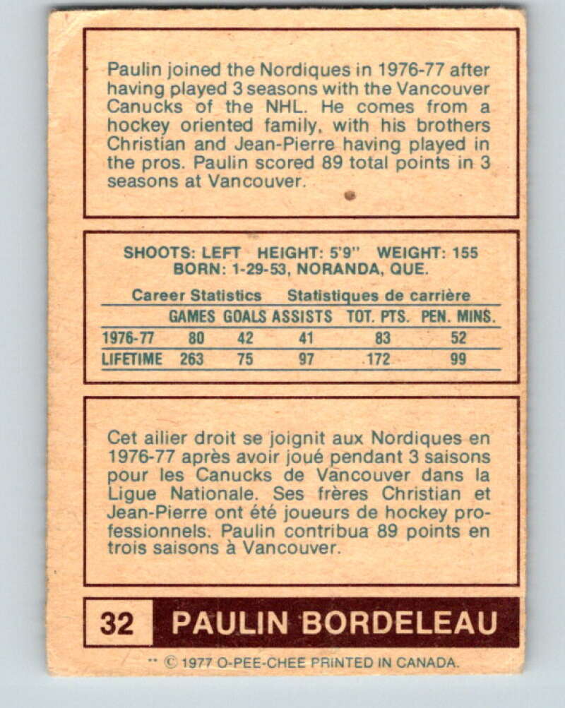 1977-78 WHA O-Pee-Chee #32 Paulin Bordeleau  Quebec Nordiques  V7860
