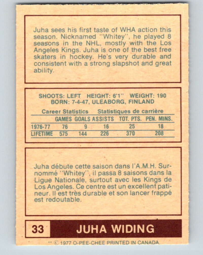 1977-78 WHA O-Pee-Chee #33 Juha Widing  Edmonton Oilers  V7861