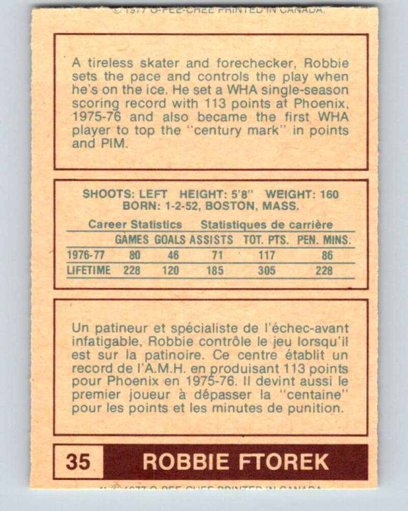 1977-78 WHA O-Pee-Chee #35 Robbie Ftorek  Cincinnati Stingers  V7866