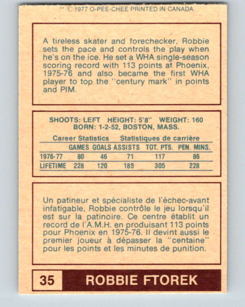 1977-78 WHA O-Pee-Chee #35 Robbie Ftorek  Cincinnati Stingers  V7867