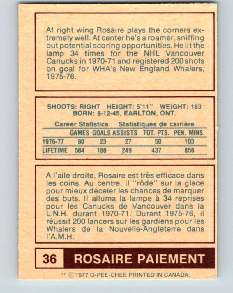 1977-78 WHA O-Pee-Chee #36 Rosaire Paiement  Indianapolis Racers  V7870