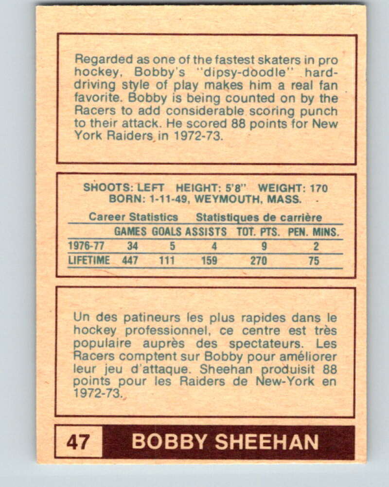 1977-78 WHA O-Pee-Chee #47 Bobby Sheehan  Indianapolis Racers  V7885