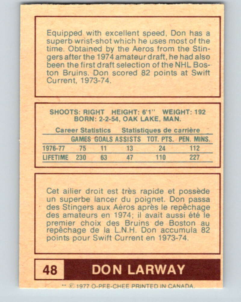 1977-78 WHA O-Pee-Chee #48 Don Larway  RC Rookie Houston Aeros  V7887