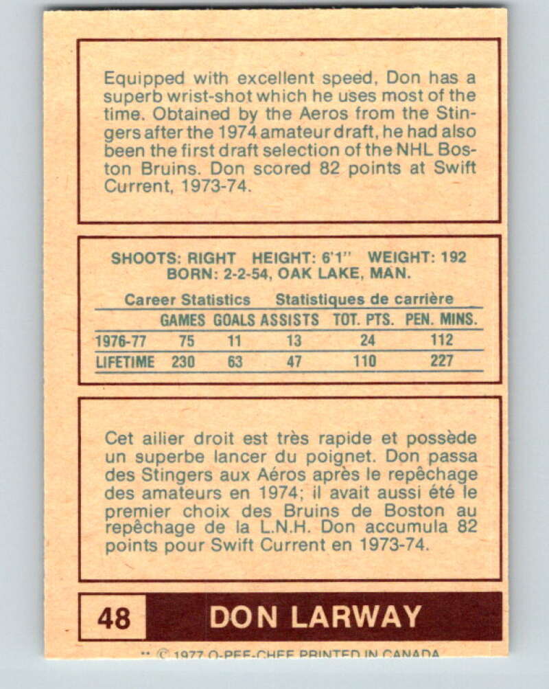 1977-78 WHA O-Pee-Chee #48 Don Larway  RC Rookie Houston Aeros  V7888